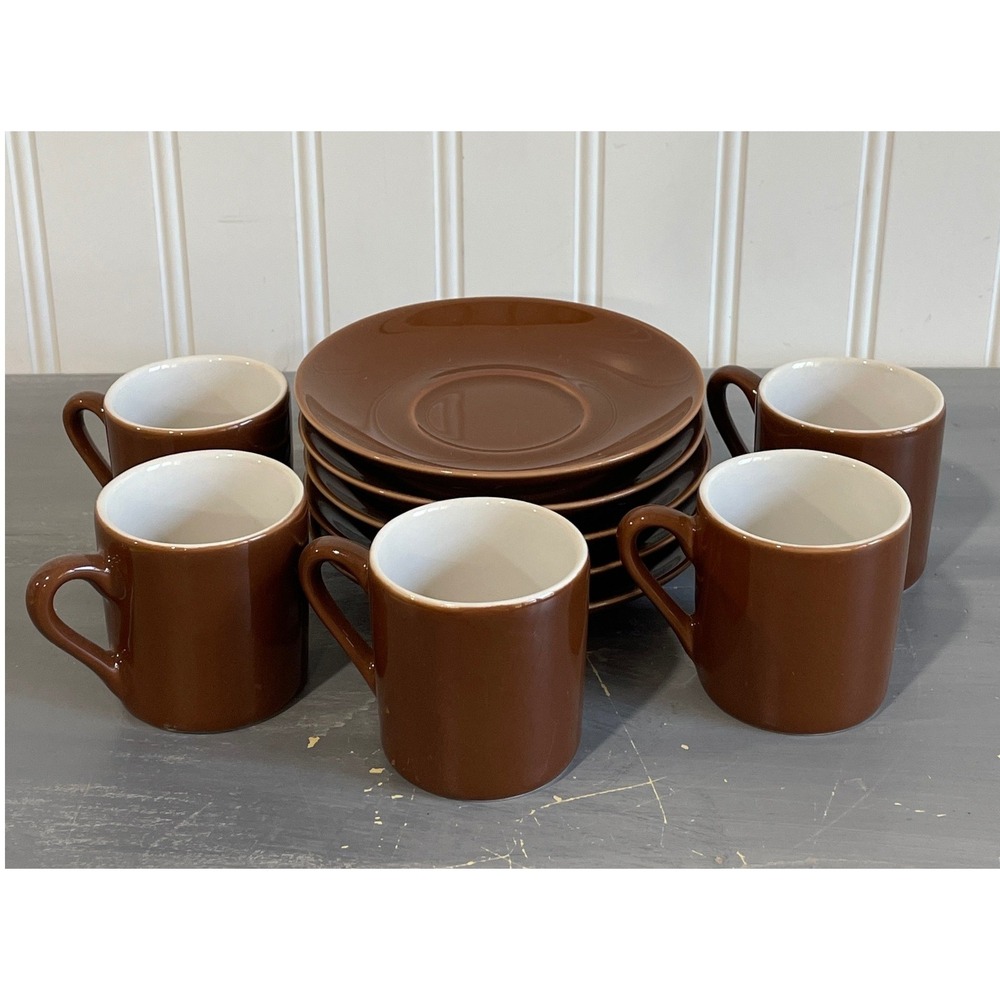 BIA Cordon Bleu Brown Espresso Demitasse Cup Saucer Set of 5 Piece Hand Glazed‎